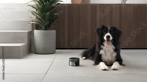 A happy black and white dog lies on a tiled floor next to a small black and silver device  with a potted plant and wooden paneling in the background