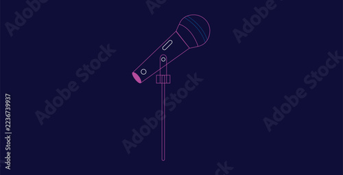 Microphone on Stand Line Art Icon with Neon Pink and Blue Outline on Dark Background