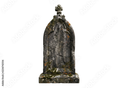 Obraz na plátně Cracked and weathered ancient stone grave marker with arched top isolated on transparent background png