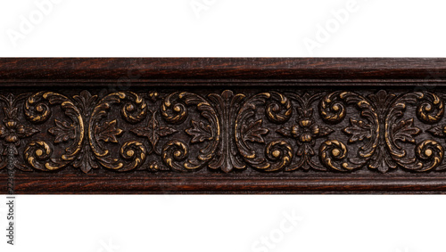 Obraz na plátně Ornate dark wood carved border with floral and leaf motifs, isolated on transpar