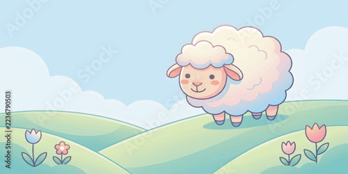 Cute Fluffy Sheep Standing on Green Pasture Hill
