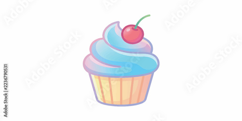 A colorful cupcake with swirled frosting and a cherry on top.