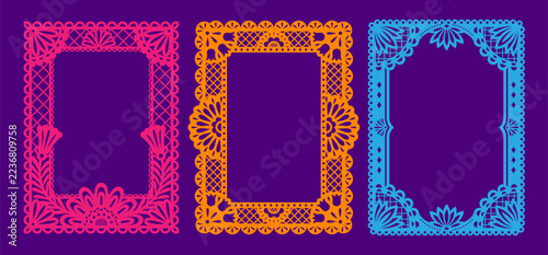 Papercut paper Mexican frames, papel picado folk Hispanic borders for fiesta, Cinco de Mayo and Day of the Dead celebration decorations. Traditional Mexican folk art borders set for party invitations