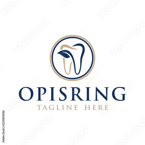 Dental Logo Design with Tooth and Leaf in Circle Frame