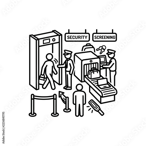 Airport Security Screening Line and Baggage Scanner Icon