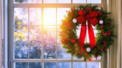 Elegant Christmas Wreath Adorning Window with Red Bow and Seasonal Decorations in Cozy Interior