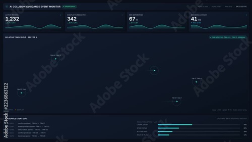 Futuristic ai collision avoidance event monitor interface tracking aircraft with live radar field, for autonomous air traffic control, safety, real time 4k analytics