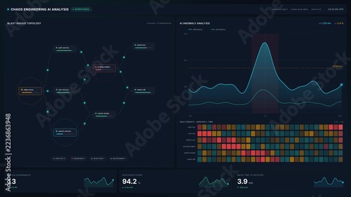 Futuristic chaos engineering dashboard visualizing ai system analysis with blast radius topology, fault injection metrics, real-time charts in 4k, for cloud monitoring