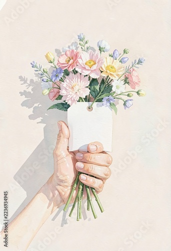 Hand holding bouquet of watercolor wildflowers with blank gift tag against light beige background