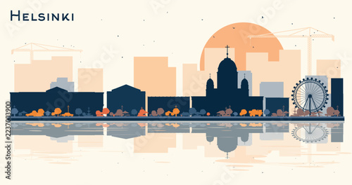 Helsinki Finland city skyline silhouette with blue buildings and reflections. Helsinki cityscape with landmarks. Travel and tourism toncept with modern architecture.