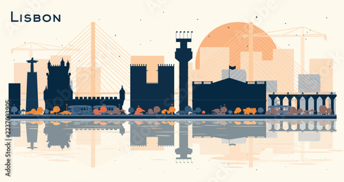 Lisbon Portugal city skyline silhouette with blue buildings and reflections. Lisbon cityscape with landmarks. Travel and tourism toncept with modern architecture.