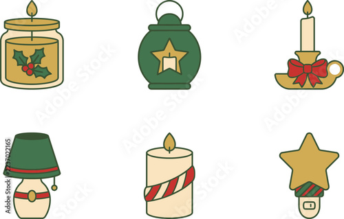 Holiday lanterns candles stars poinsettia vector illustration set