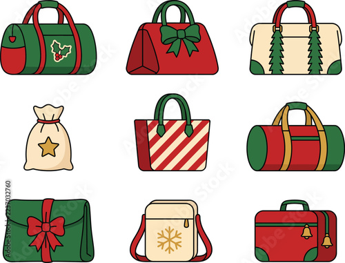 Christmas holiday luggage bags with holiday decorations and gift bags