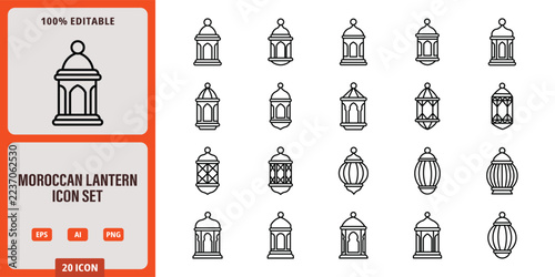 Set of 20 moroccan lantern icons featuring various traditional islamic lamp designs with intricate geometric patterns and elegant shapes for ramadan and cultural decorations