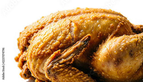 Close-up of crispy golden fried chicken skin breaking apart, oil glistening on the crunchy surface, on a white background.