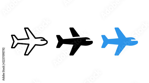 Airplane flight travel icon set in outline solid and blue style
