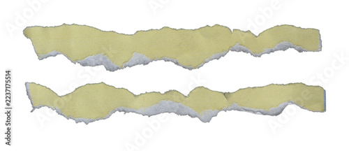 Pale yellow torn paper strips with ripped white deckle edges isolated on transparent background