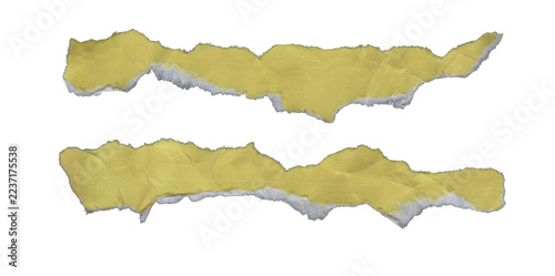 Yellow torn paper strips with ripped white deckle edges isolated on transparent background