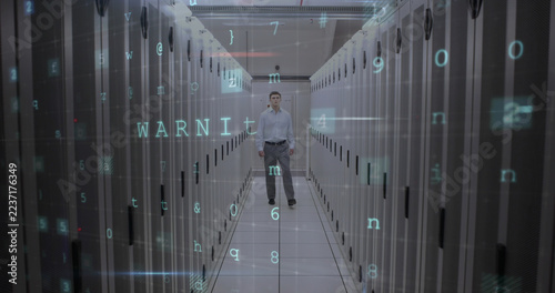 Image of data processing with cyber attack warning over technician and computer servers