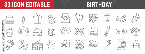 Collection of birthday icons. Cake, candles, anniversary, party. Vector template with editable strokes, EPS 10.