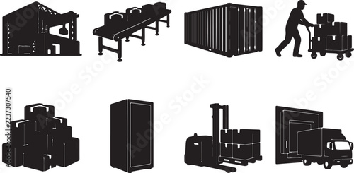 Warehouse Logistics Silhouettes Featuring Conveyor Belts Cargo Containers Workers and Storage Equipment