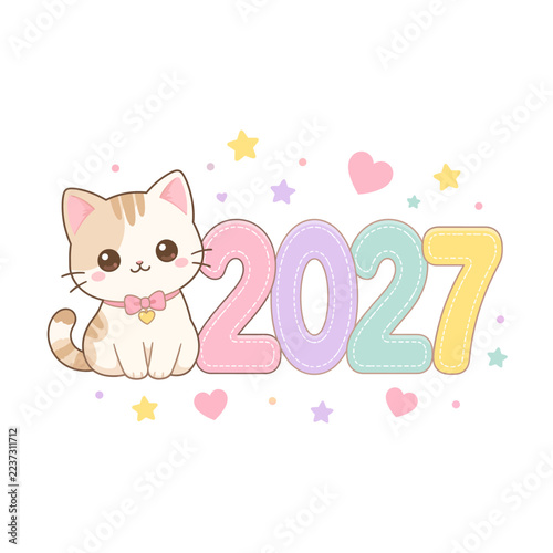 Cute kawaii cat with 2027 pastel numbers, stars, and hearts new year vector illustration