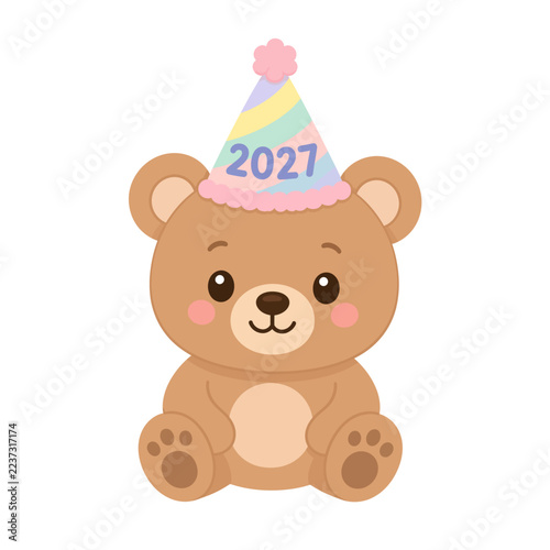 Cute kawaii brown bear wearing a pastel 2027 party hat vector illustration   
