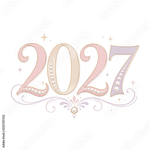 Elegant pastel 2027 typography icon with pearl details and sparkles vector illustration   