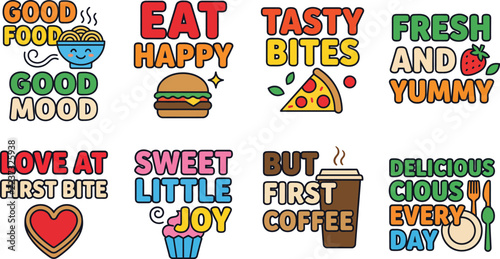 Colorful Food Typography Lettering and Cute Fast Food Illustrations Collection