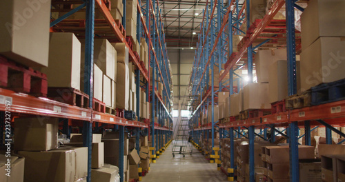 Empty warehouse with multiple boxes on shelfs with ladder on floor