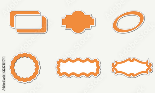 Set of six orange decorative frames for labels and badges on white background