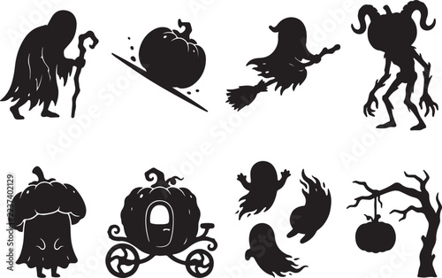Halloween Silhouettes Featuring Spooky Ghosts Witches Pumpkins Haunted Trees and Fantasy Characters
