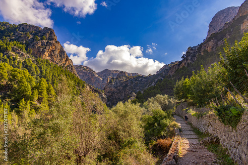 The Barranc de Biniaraix ravine with natural stone path is used as trail in the Serra de Tramuntana mountains , Mallorca, Balearic Islands, Spain, Europe