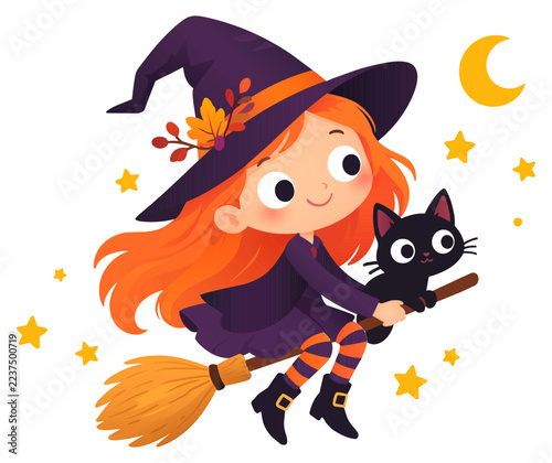 Cute Little Witch Flying on a Broom With Black Cat Under Stars and Moon Vector Illustration 
