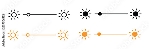 Brightness setting icon with sun. brightness control icon set. sun and screen brightness control icons.