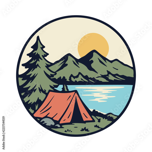 Camping with view of lake and mountains graphic illustration vector art t-shirt design
