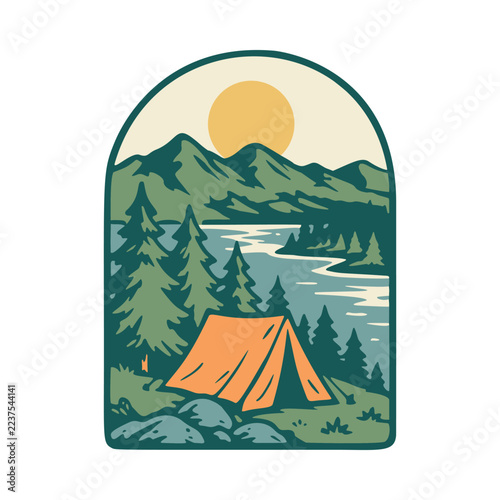 Camping beside river graphic illustration vector art t-shirt design