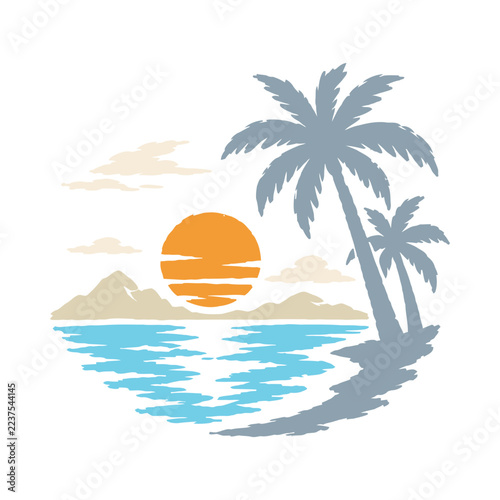 Sunset on beauty beach graphic illustration vector art t-shirt design