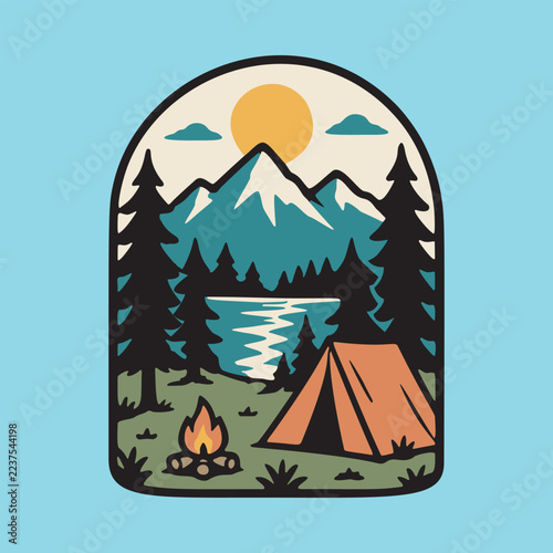 Camping with view of lake and mountains graphic illustration vector art t-shirt design