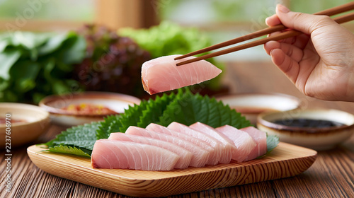 Hand with wooden chopsticks picking up fresh yellowtail sashimi bangeo hoe slice over wooden board with perilla leaves