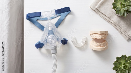 CPAP mask, oral appliance mouth guard and dental model on white table, sleep apnea treatment options flat lay