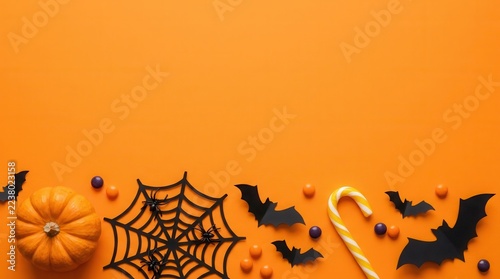 Halloween border arrangement with bats spider web and mini pumpkin on orange background with copy space