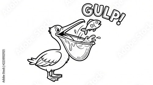Funny pelican with fish in beak GULP coloring page for kids, black and white vector outline
