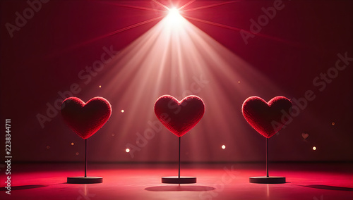 Three red hearts on stands under a bright stage spotlight illustration
