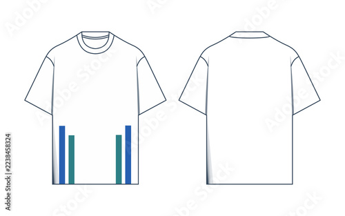 Handcrafted White T Shirt Mockup with Minimal Teal and Blue Vertical Hem Stripes Front and Back View for Apparel Branding, Uniforms, and Fashion Design