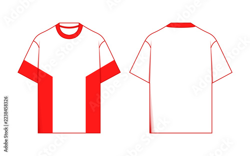 Handcrafted White T Shirt Mockup with Bold Red Side Panels and Collar Accents Front and Back View for Sportswear, Team Uniforms, and Branding for Fashion